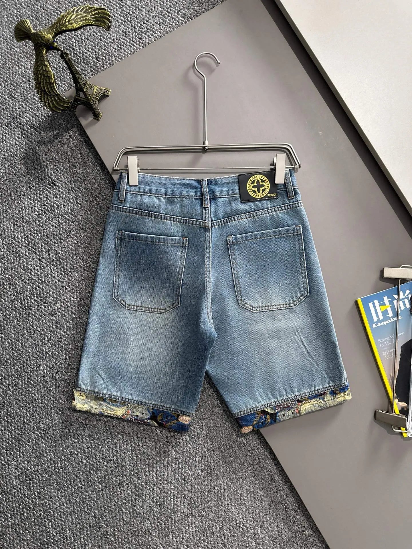 Patchwork Trim Distressed Denim Shorts
