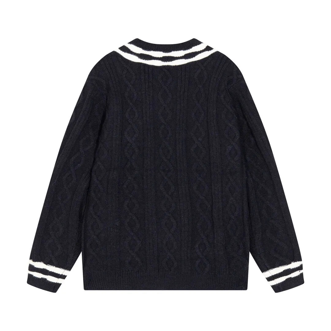 Cable‑Knit V‑Neck Striped Sweater