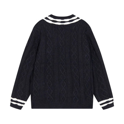 Cable‑Knit V‑Neck Striped Sweater