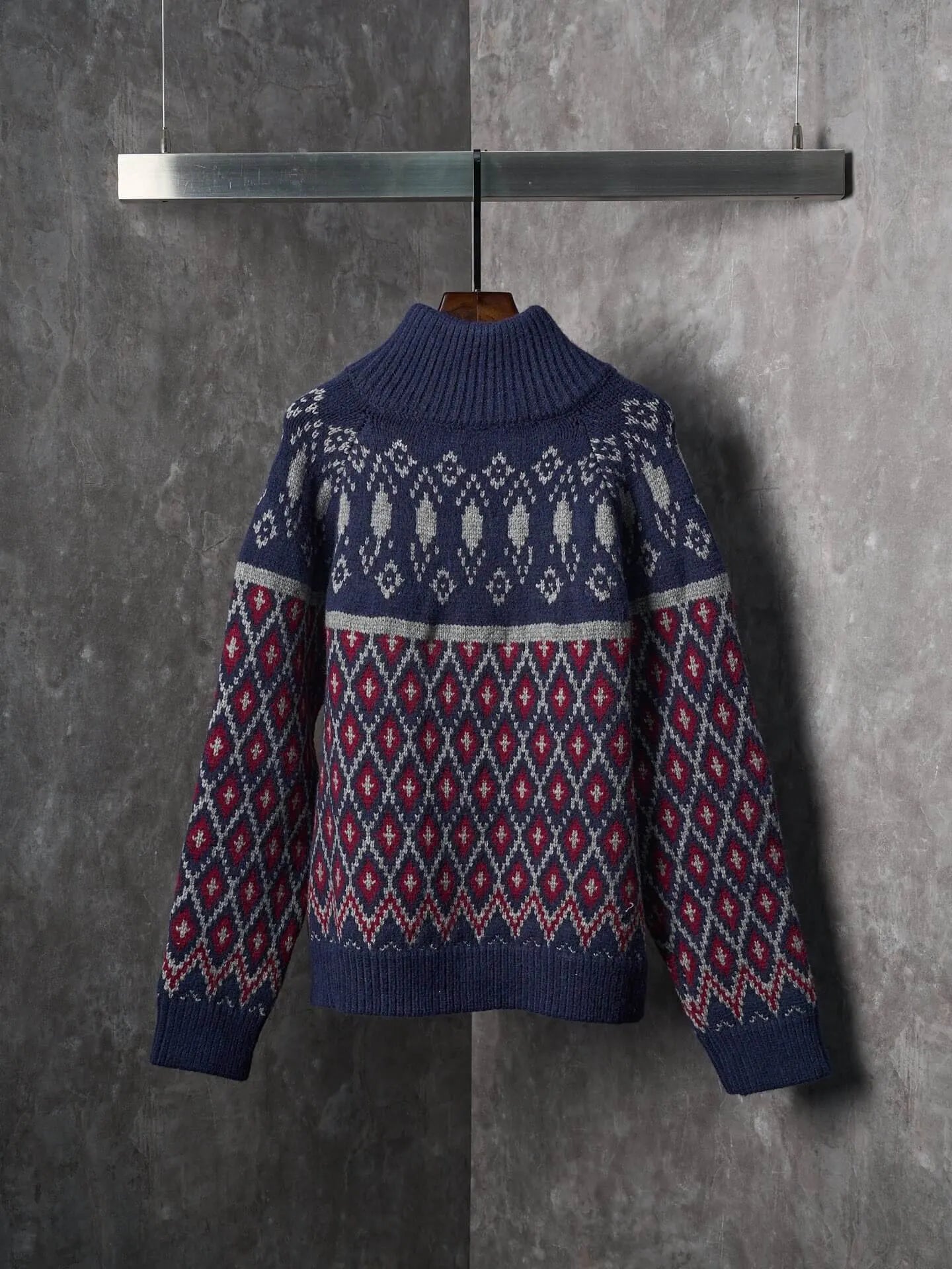 Geometric Jacquard Diamond Zip‑Up Sweater Jacket