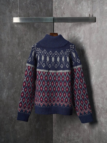 Geometric Jacquard Diamond Zip‑Up Sweater Jacket