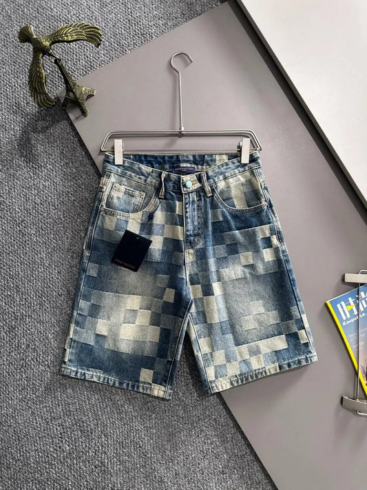 Plaid Checkered Jacquard Denim Shorts