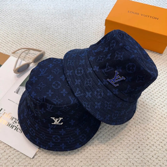 Dark Blue Jacquard Metal-Emblem Bucket Hat