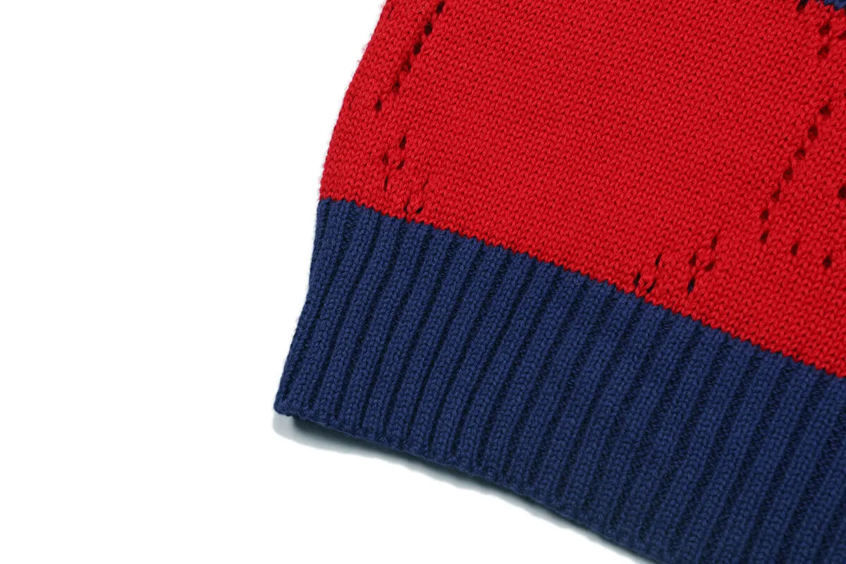 Red & Navy Stripe Crew Neck Knit Sweater