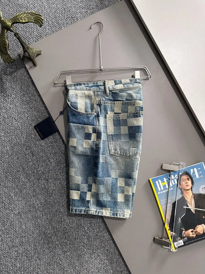 Plaid Checkered Jacquard Denim Shorts