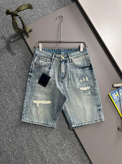 Paint‑Splatter Repair Patch Denim Shorts