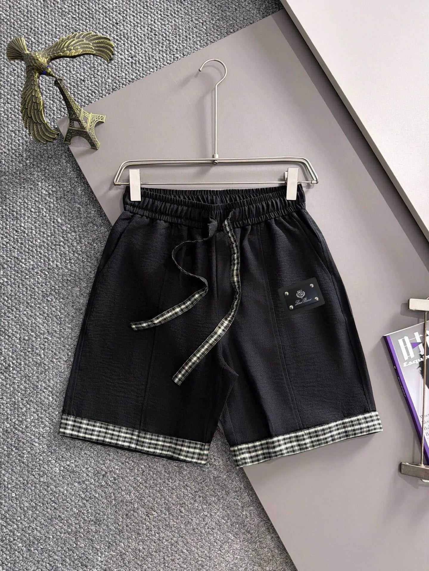 Plaid Cuff Label Decor Shorts