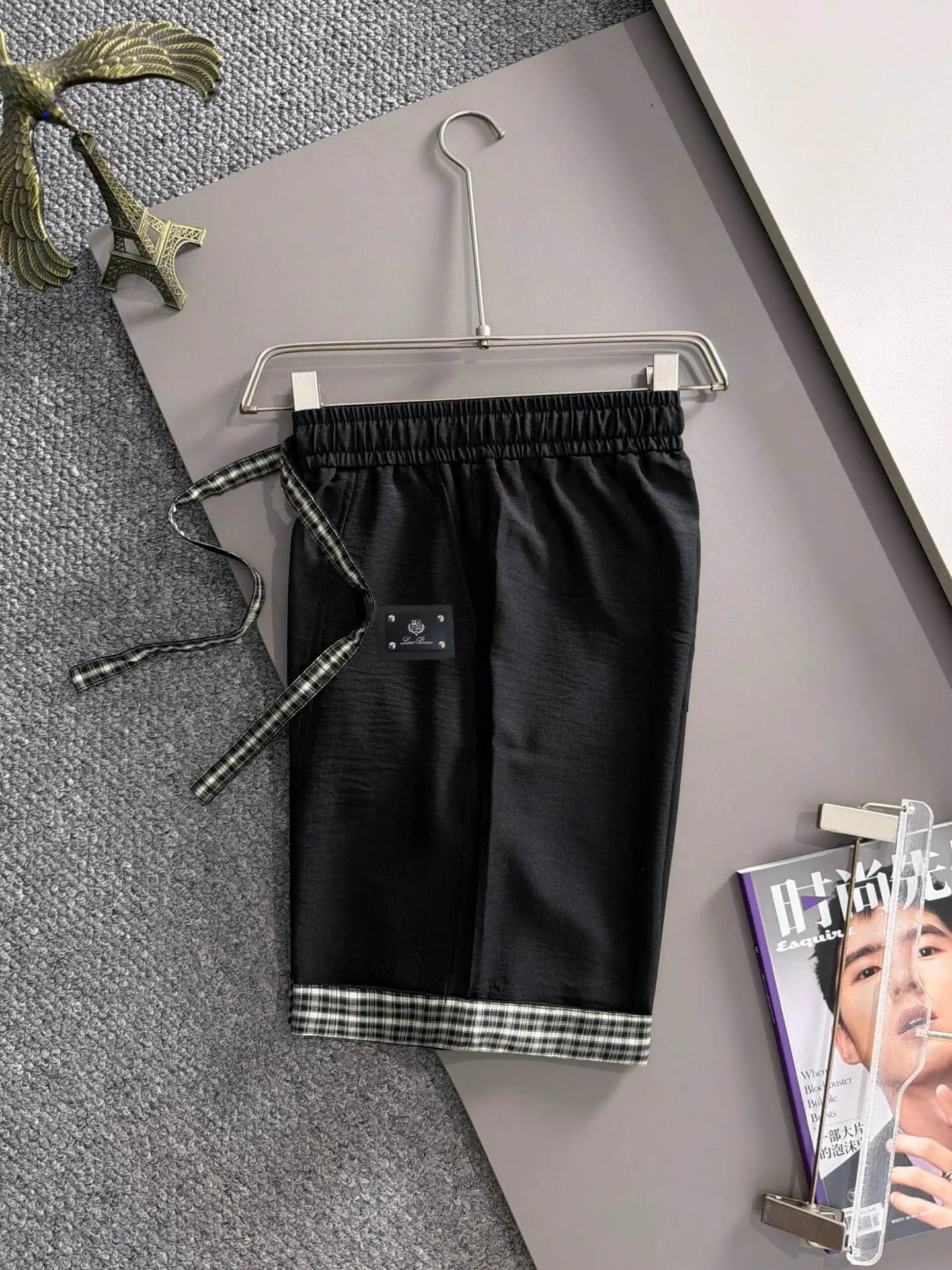 Plaid Cuff Label Decor Shorts
