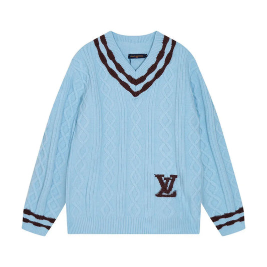 Cable‑Knit V‑Neck Striped Sweater
