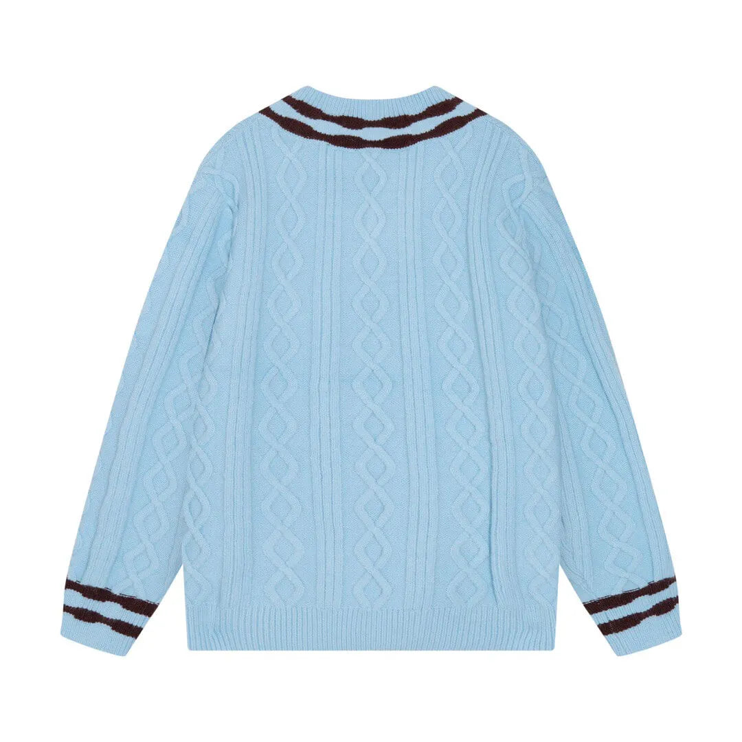 Cable‑Knit V‑Neck Striped Sweater