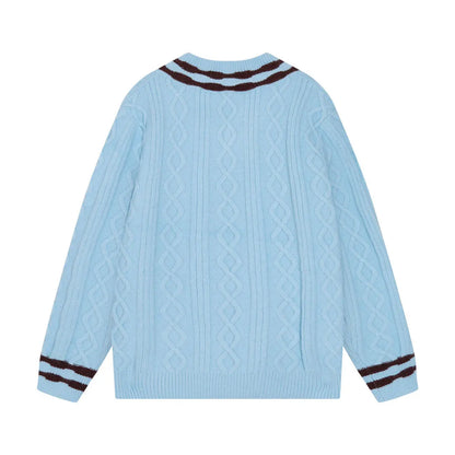 Cable‑Knit V‑Neck Striped Sweater