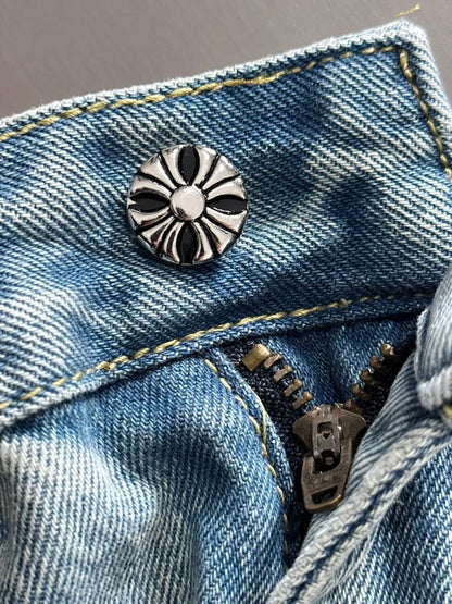 Colorful Cross Print Washed Denim Shorts