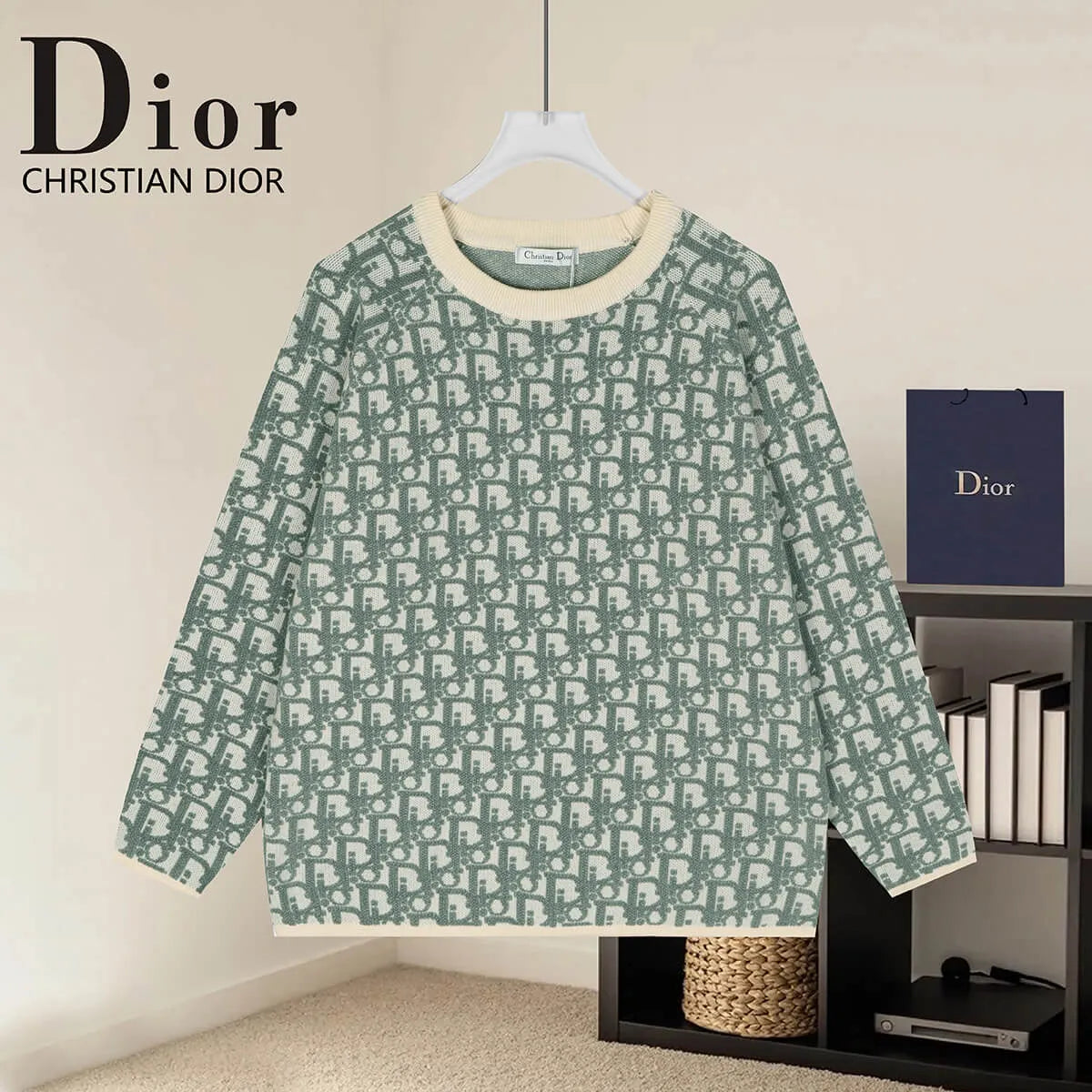Oblique Jacquard Crew Neck Knit Sweater