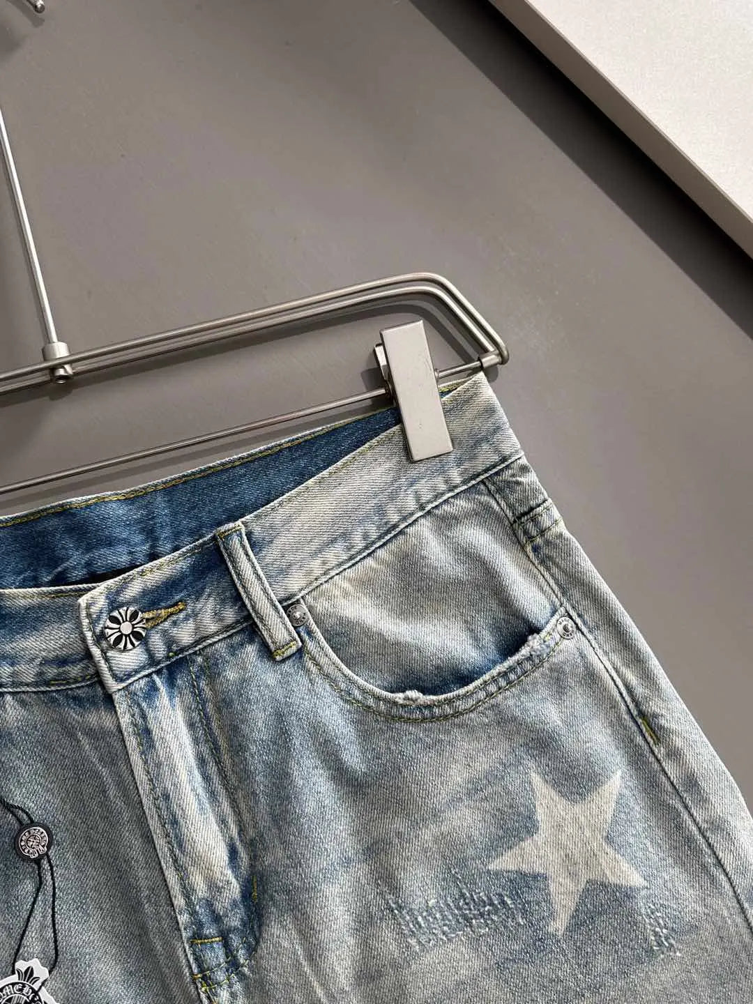 Star Print Frayed Denim Shorts