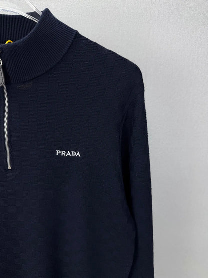Embroidery  Checker Half Zip Knit Sweater