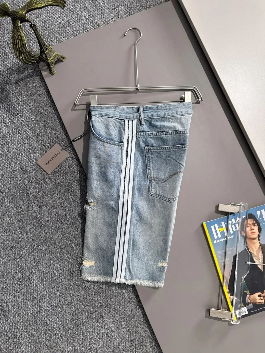Side Stripe Frayed Hem Ripped Denim Shorts