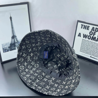 Black-Grey Jacquard Wide-Brim Bucket Hat