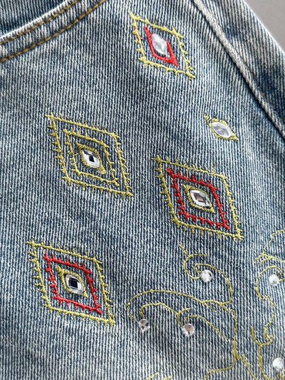 Dragon Embroidery Rhinestone Denim Shorts