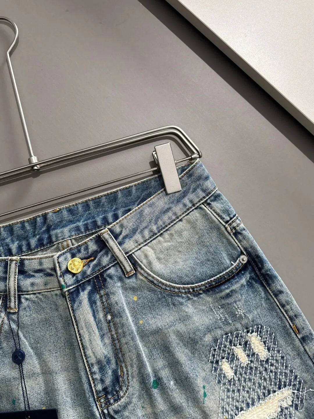 Paint‑Splatter Repair Patch Denim Shorts