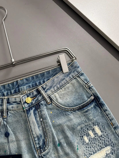 Paint‑Splatter Repair Patch Denim Shorts