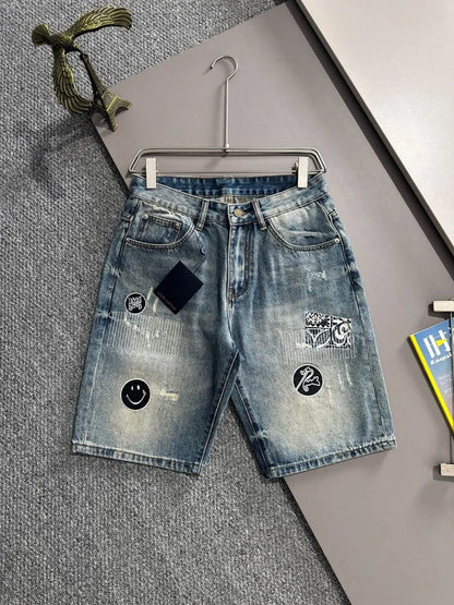 Smiley Patchwork Ripped Denim Shorts
