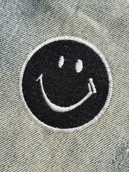 Smiley Patchwork Ripped Denim Shorts