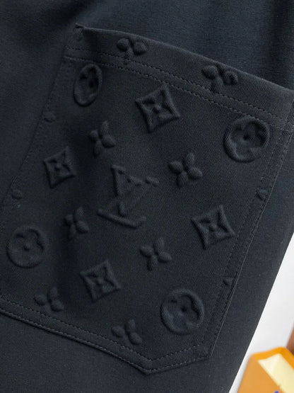 Embossed Monogram Patch Pocket Wide‑Leg Pants