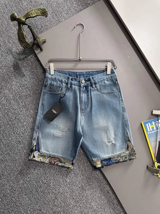 Patchwork Trim Distressed Denim Shorts