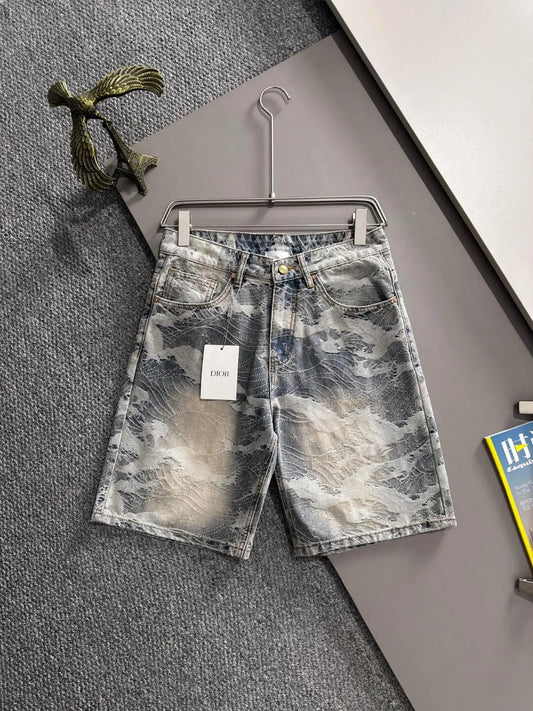 Wave Jacquard Washed Denim Shorts