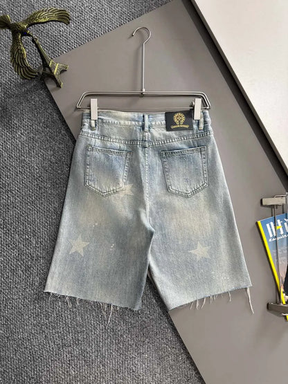 Star Print Frayed Denim Shorts