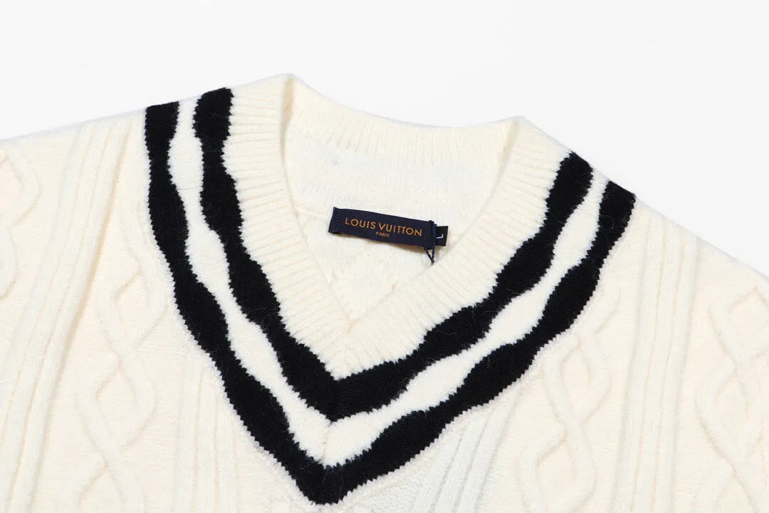 Cable‑Knit V‑Neck Striped Sweater