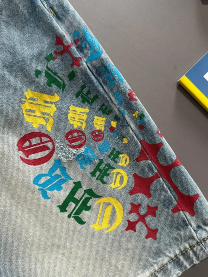 Colorful Cross Print Washed Denim Shorts