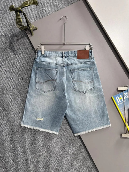 Side Stripe Frayed Hem Ripped Denim Shorts