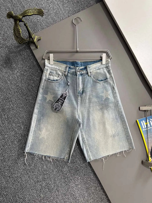 Star Print Frayed Denim Shorts