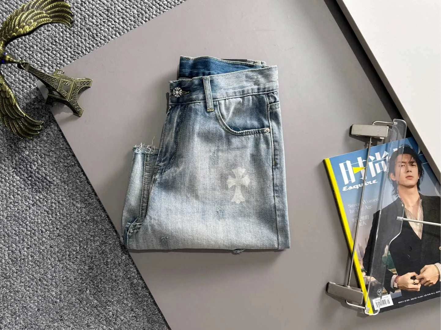 Cross Print Distressed Denim Shorts