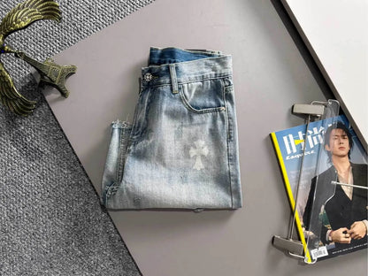 Cross Print Distressed Denim Shorts