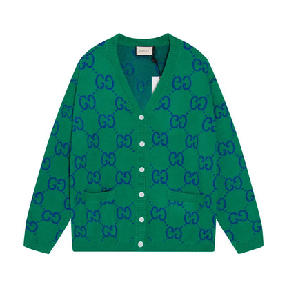 Bicolor Monogram V‑Neck Knit Sweater Cardigan