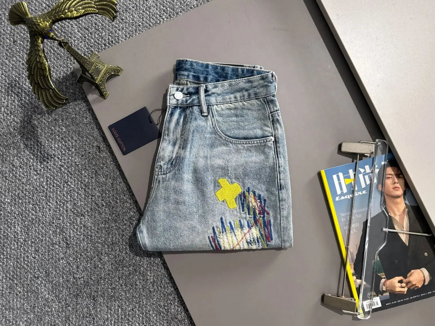Star Cross Embroidered Distressed Denim Shorts