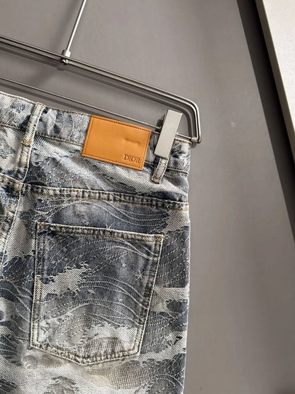 Wave Jacquard Washed Denim Shorts