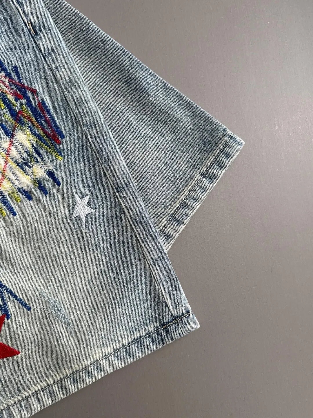 Star Cross Embroidered Distressed Denim Shorts