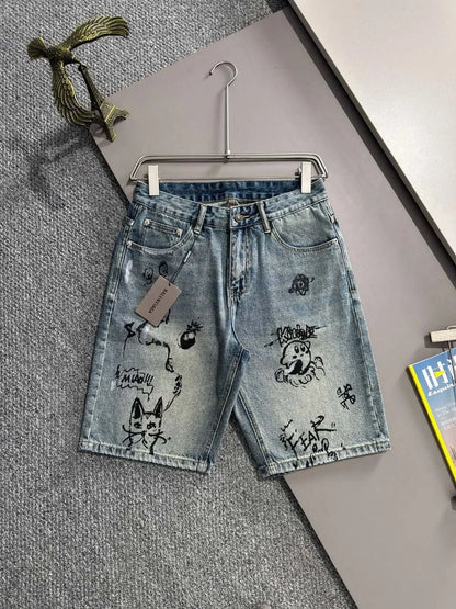 Cartoon Graffiti Print Denim Shorts