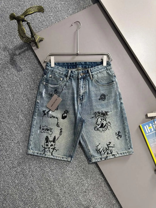 Cartoon Graffiti Print Denim Shorts