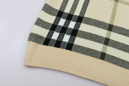Beige Plaid Crewneck Sweater