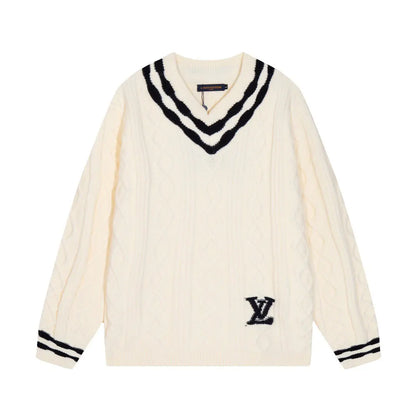 Cable‑Knit V‑Neck Striped Sweater