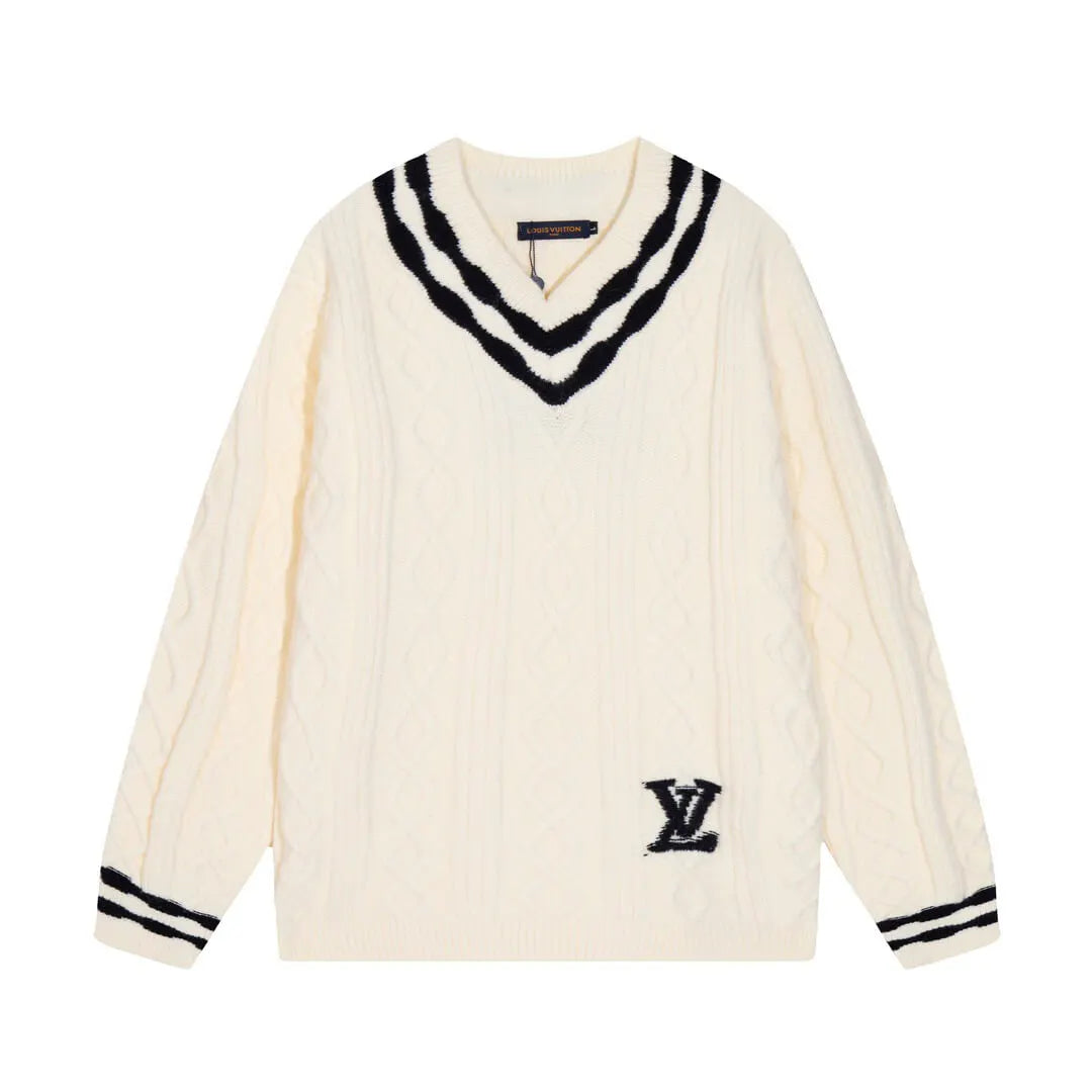 Cable‑Knit V‑Neck Striped Sweater
