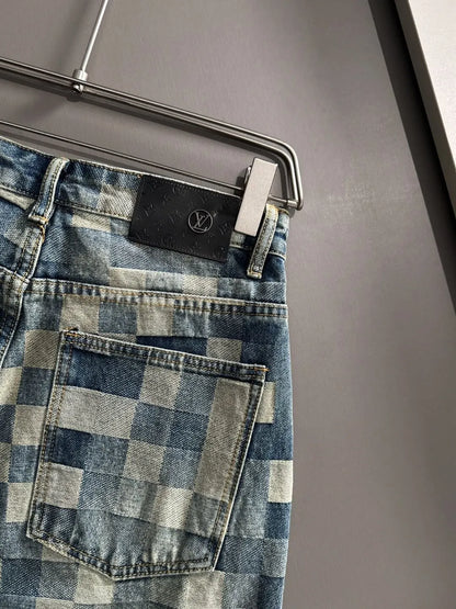 Plaid Checkered Jacquard Denim Shorts