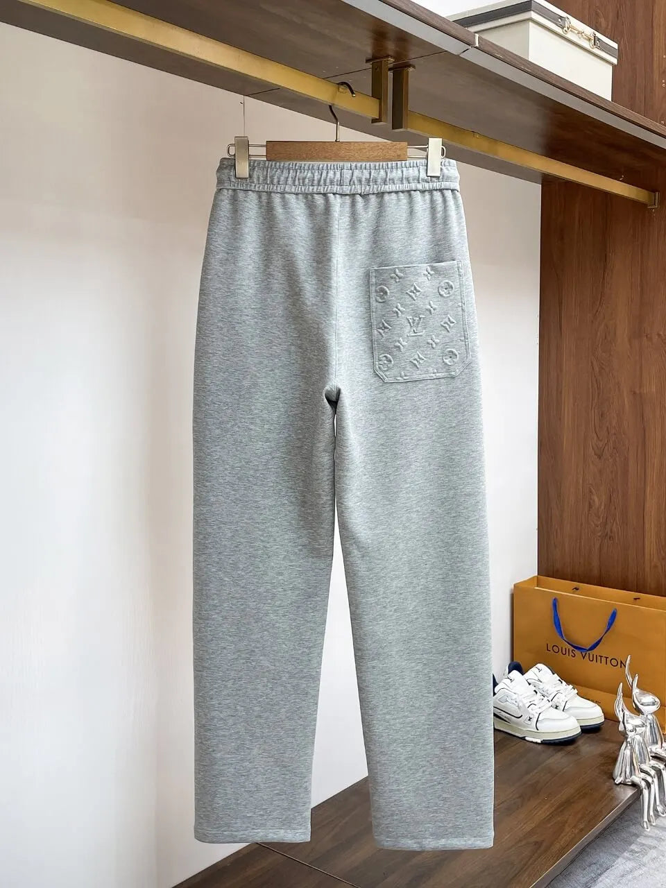Embossed Monogram Patch Pocket Wide‑Leg Pants