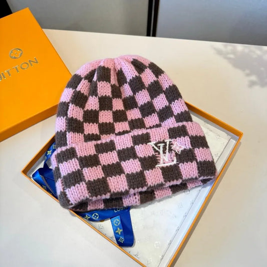 Checkerboard Embroidered Knit Beanie