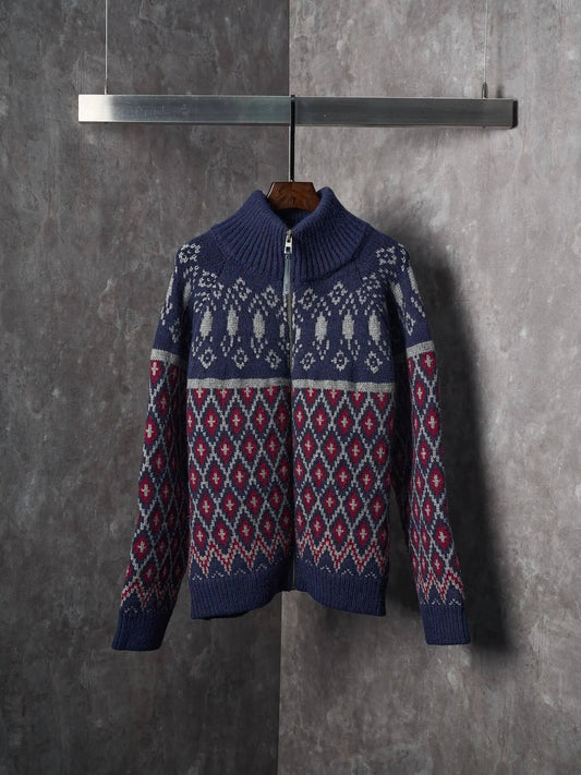 Geometric Jacquard Diamond Zip‑Up Sweater Jacket