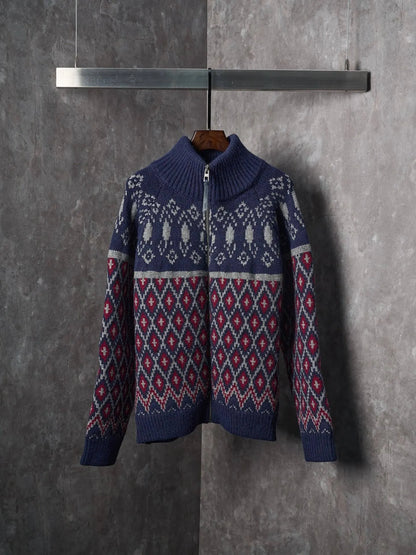 Geometric Jacquard Diamond Zip‑Up Sweater Jacket